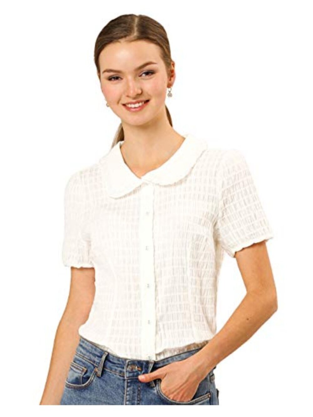Peter Pan Collar Short Sleeve Blouse - Soft Cotton Spandex